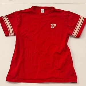 Victoria’s Secret Pink Red Graphic Tee with White Stripe Sleeves